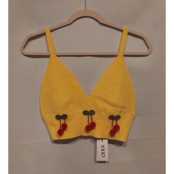 Cider Tops - Cider Womens Yellow Stretch Knit Ribbed Cropped Cherry Tank Top Size Large NWT
